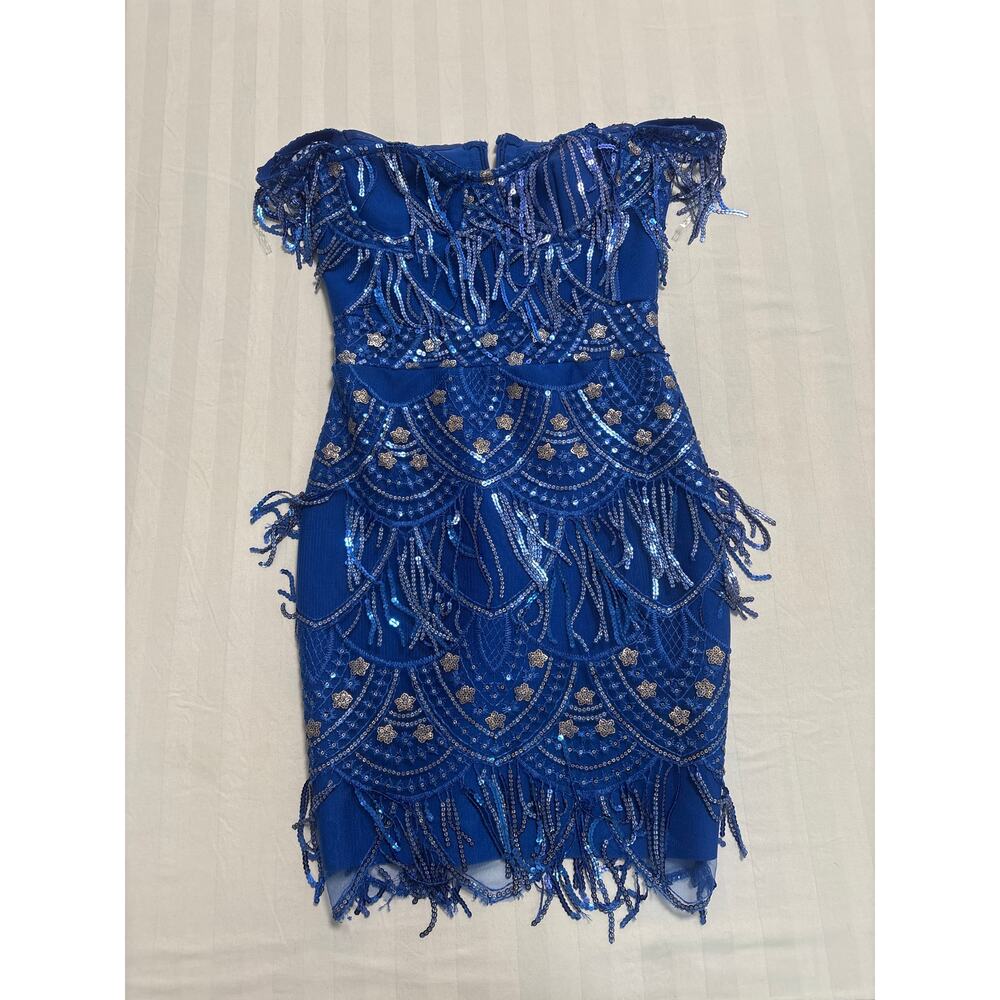 Bella Barnett Blue Beaded Sequin Fringe Bodycon Cocktail Party Mini Dress S